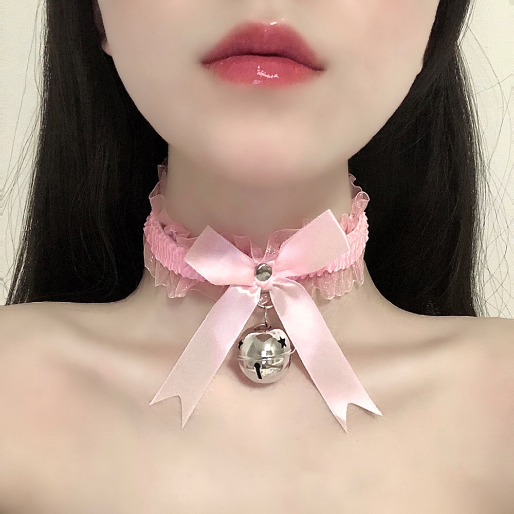 Kawaii Lolita Ikatan Simpul Bell Liontin Renda Choker Kalung Pernyataan Seksi Gaun Leher Gadis Cosplay Pesta Goth Punk Perhiasan