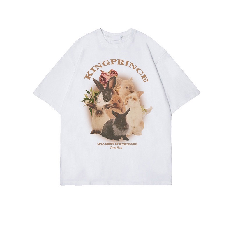 atasan wanita lengan pendek american retro oversize letter rabbit graphic print T-shirt kekinian kaos cream