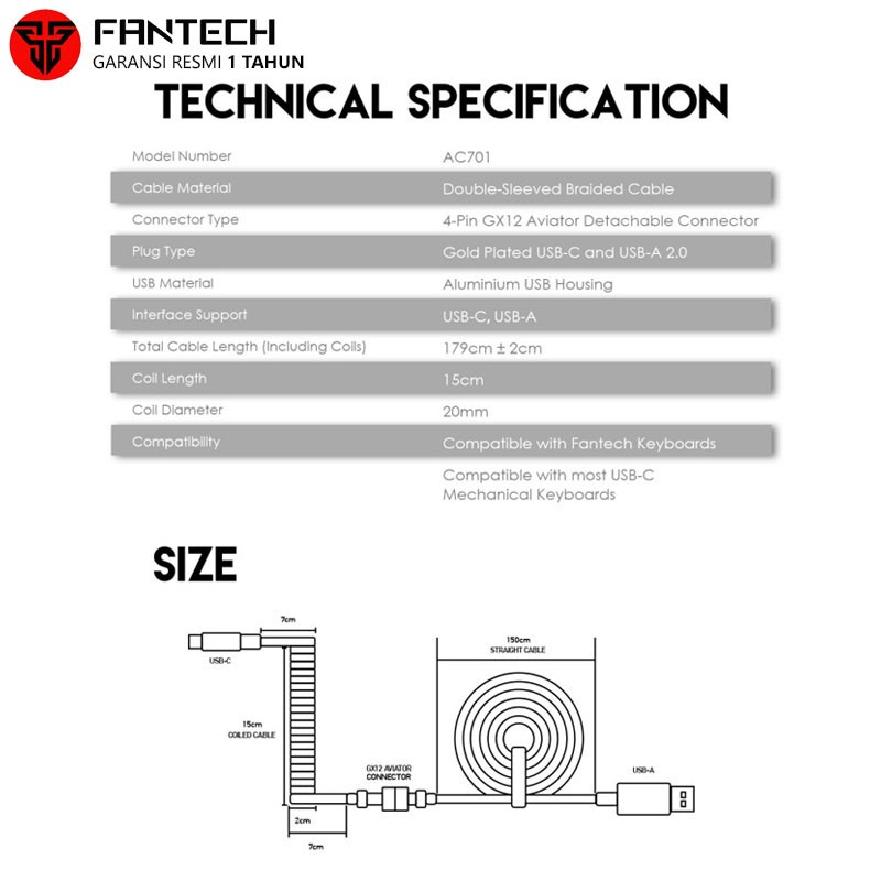 Fantech Coiled Cable Aviator AC701 Coil Kabel Type C for Keyboard Mechanical