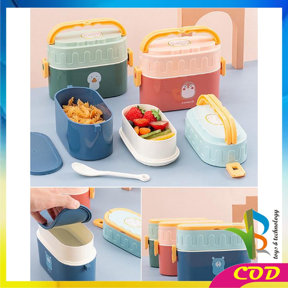 RB-C699 Tempat Makan 950ML Box Bento Set 2 Susun Free Sendok Anti Tumpah Dengan Pegangan / Kotak Bekal Tingkat Lunch Box Set Double Layer Portable