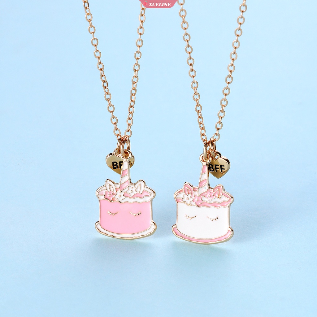 2pcs/set Duawarna Kartun drip Minyak Paduan unicorn Kue Teman Baik Kalung BFF Persahabatan Perhiasan Hadiah Anak [ZXL]