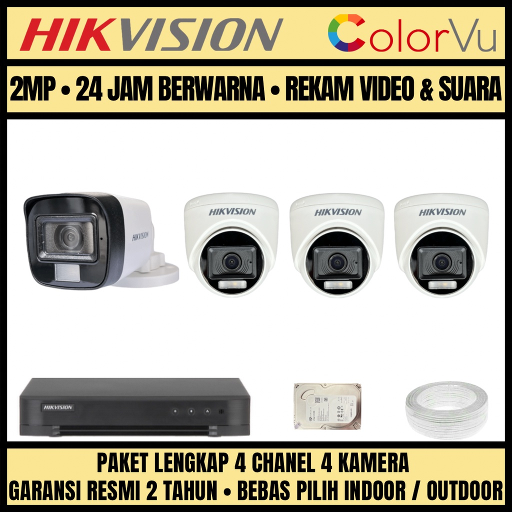 PAKET CCTV HIKVISION 2MP COLORVU 4 CHANNEL 4 CAMERA KAMERA CCTV COLORFUL