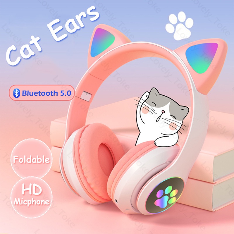 STN-28 Lipat LED Cat Ear Bluetooth Headphone Dengan Mic HiFi Stereo Wireless Headphone Gaming Headset Cute Handset Bluetooth Henset Bloetooth Hedset Gaming