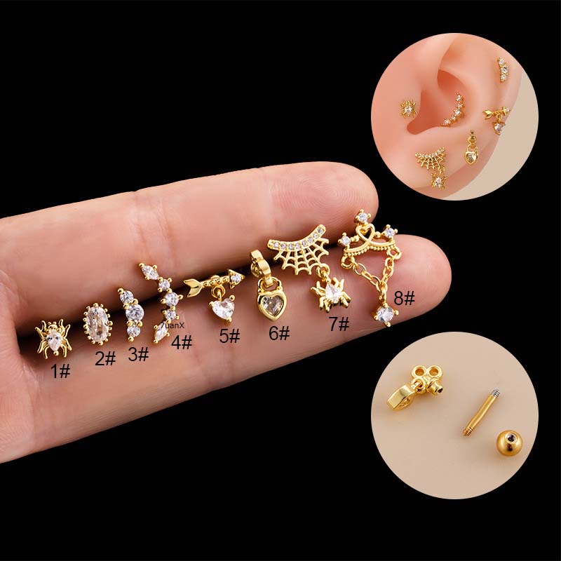 1biji Jaring Laba Laba-Laba Jantung Menjuntai Panah Gagak Bentuk Tulang Rawan Tragus Helix Pinna 16Gauge Piercing Barbel Stud Earrings