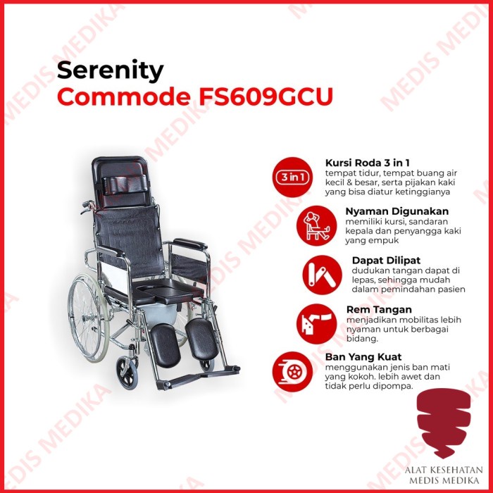 Kursi Roda 3in1 Serenity FS609GCU Wheel Chair Commode Tidur Duduk BAB Toilet Selonjor 3 in 1 FS 609 GCU