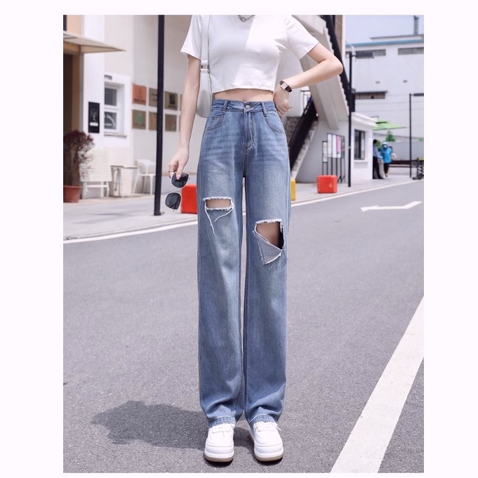 celana jeans kulot sobek boyfriend jeans celana jeans high waist wanita celana panjang kekinian dewasa ripped denim ootd tebaru