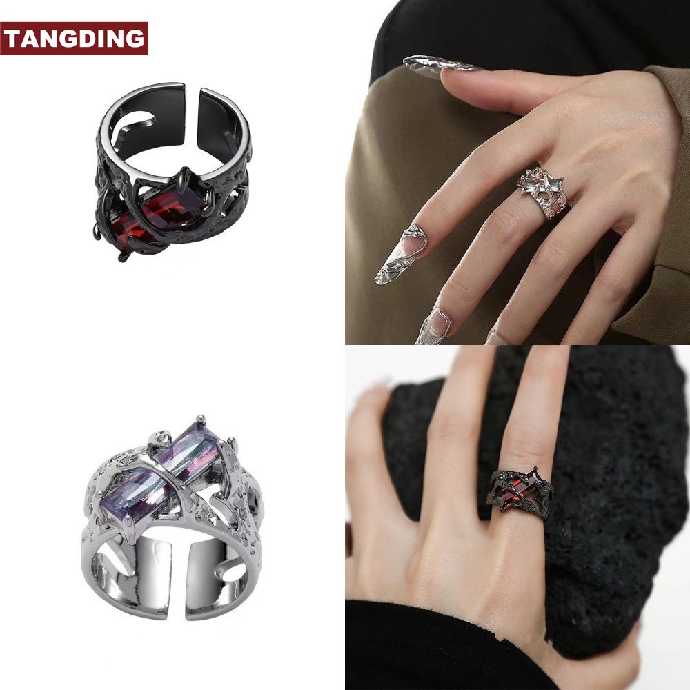 [COD Tangding]y2k Vintage Zirkon Geometris Cincin Pria Wanita Punk Gelap Berongga Rings Perhiasan Kepribadian