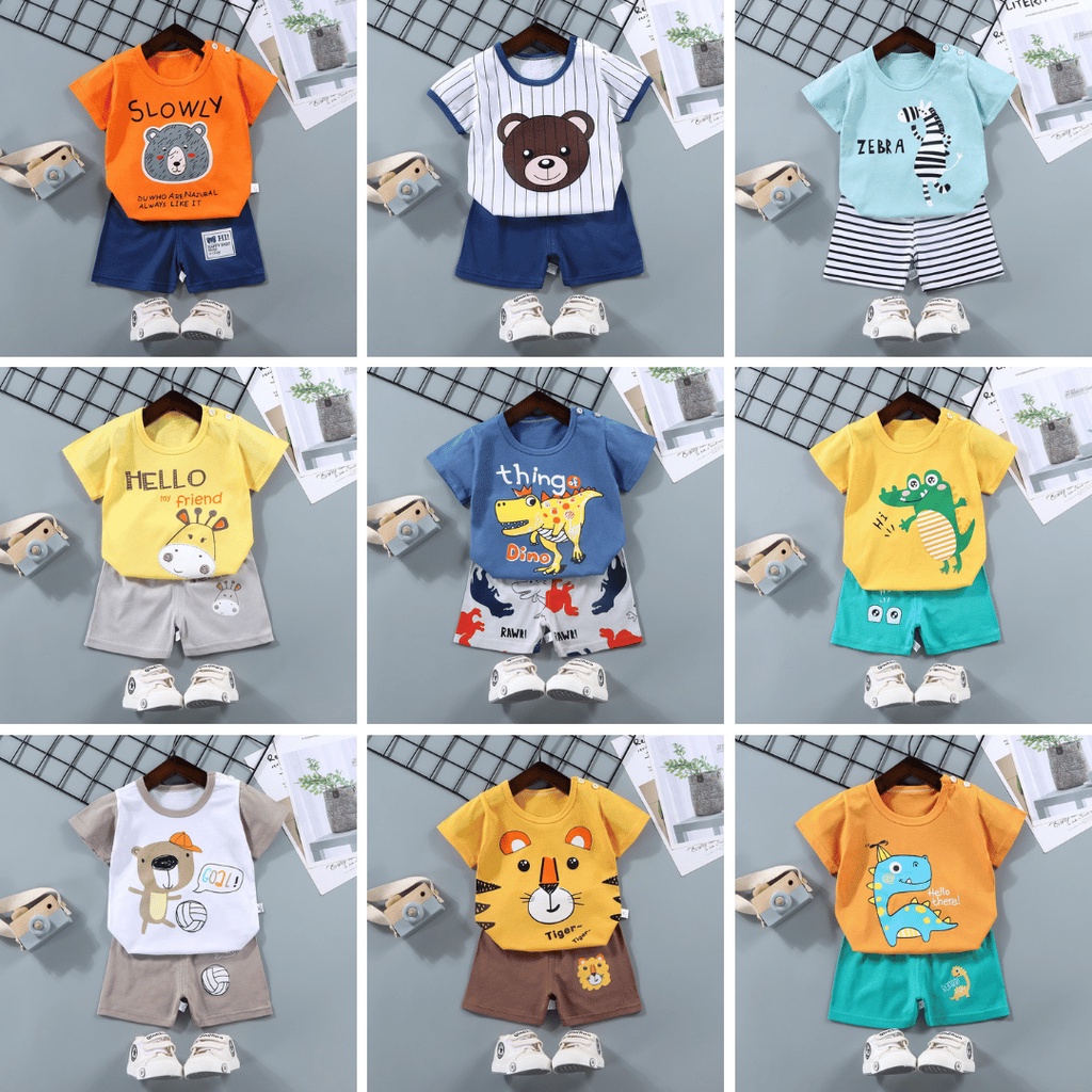 Setelan baju anak bayi laki laki dan perempuan / pakaian bayi Motif karakter animal outfit bayi laki laki model kaos dan celana