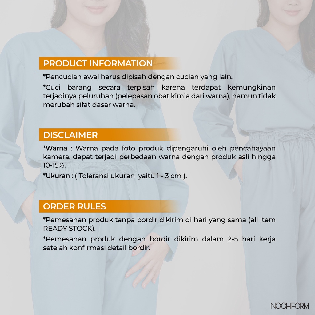 NOCHFORM (VOL 2) Doctor’s Scrub/ Set Baju Celana Jaga OKA / Baju OK Dokter / Baju OK Perawat / Baju Medis Lengan Panjang