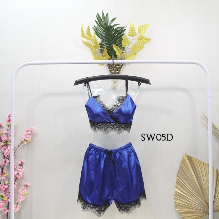BAJU TIDUR SEXY BIKINI PIYAMA LINGERIE SEXY WANITA SATIN BIRU SW05D IMPORT
