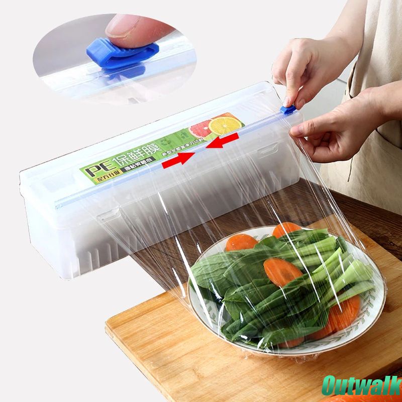 ღ Plastik Cling Film Pemotong Makanan Bungkus Dispenser dengan Adjustable Slide Cling Film Cutter Pelestarian Foil Kotak Penyimpanan