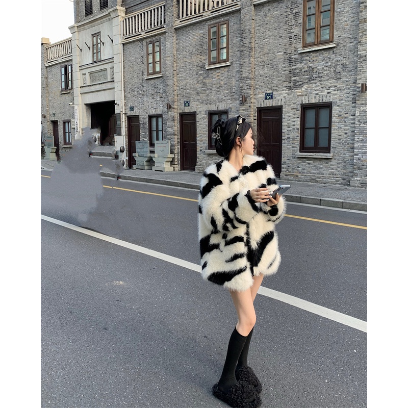 ✎♕Suhao Zebra Pola Bulu Mantel Bulu Wanita Musim Gugur dan Musim Dingin 2022 Baru Mewah Temperamen Longgar High-End Cardigan top