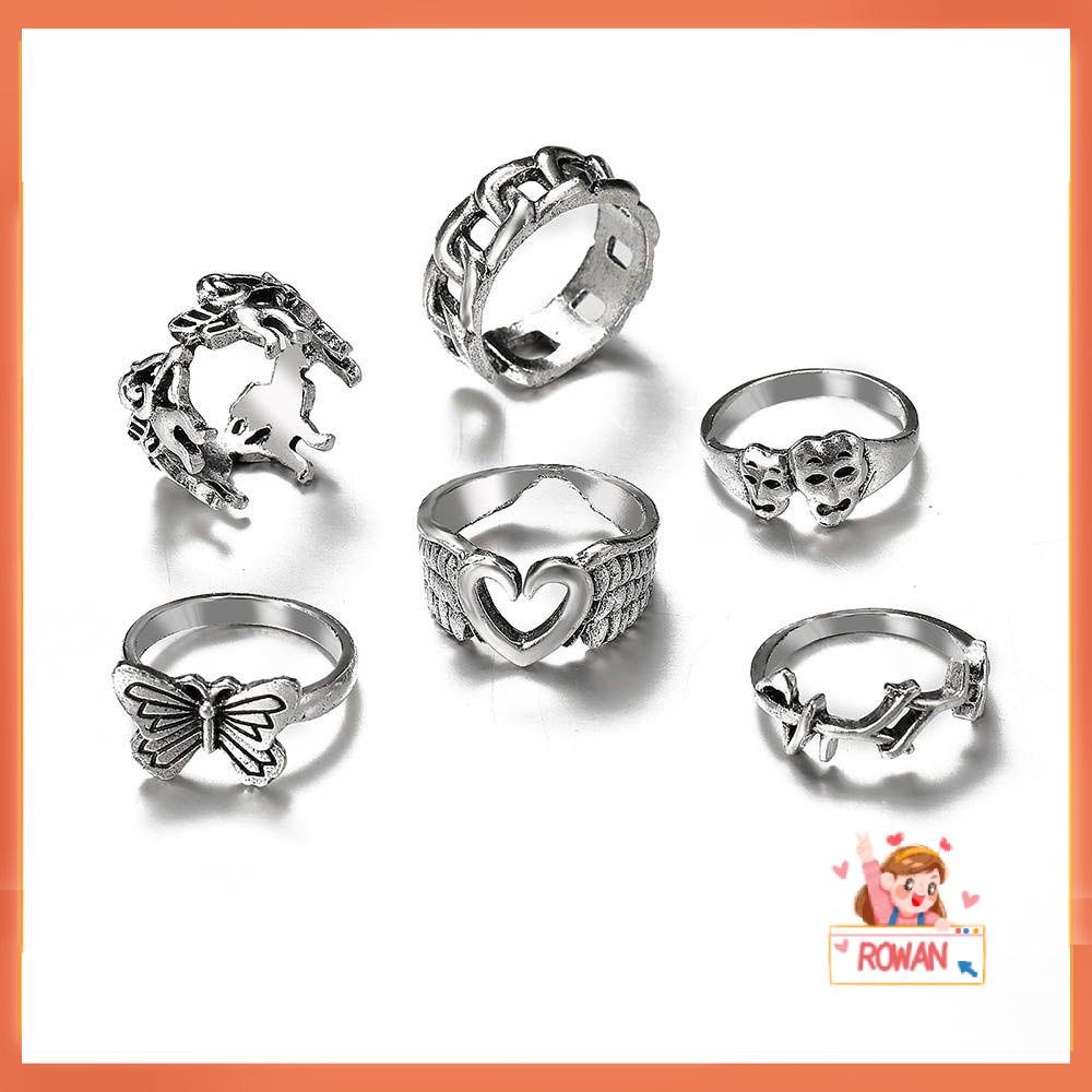 R-flower Butterfly Rings Set Ins Style Vintage BFF Fashion Perhiasan Hadiah Persahabatan Handmade Open Rings