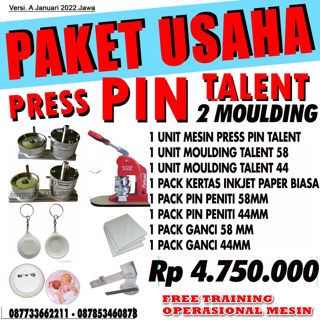MESIN PRESS PRESS PIN TALENT 2 MOULDING UKURAN 58MM DAN 44MM / MESIN USAHA PIN BROSS / PIN PRESS TAL