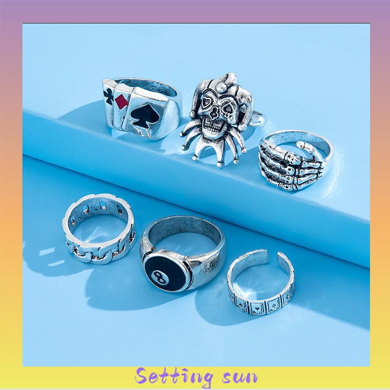 6PCS/Set Cincin Unisex  Punk Membesar-besarkan  Badut Poker Cakar Hantu Tengkorak  Perhiasan Bulat Nomor 8 TN