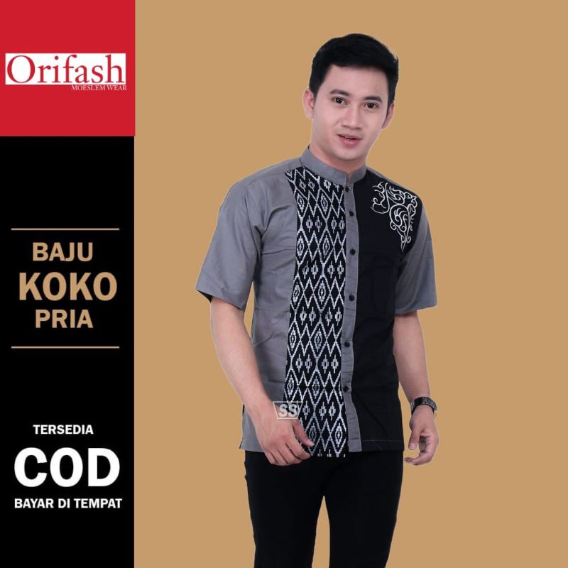 BAJU KOKO PRIA LENGAN PENDEK ATASAN MUSLIMIN DEWASA BORDIR KOMBINASI BATIK TERBARU SIZE M L XL