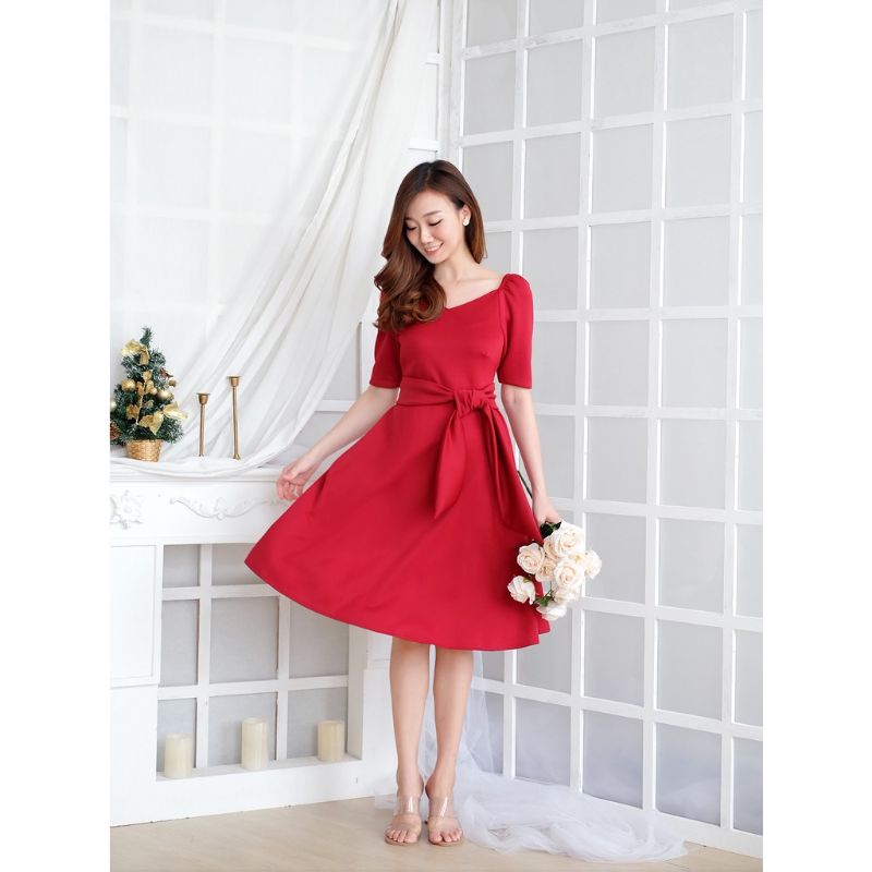 Casual Midi Dress Wanita Flare Belt