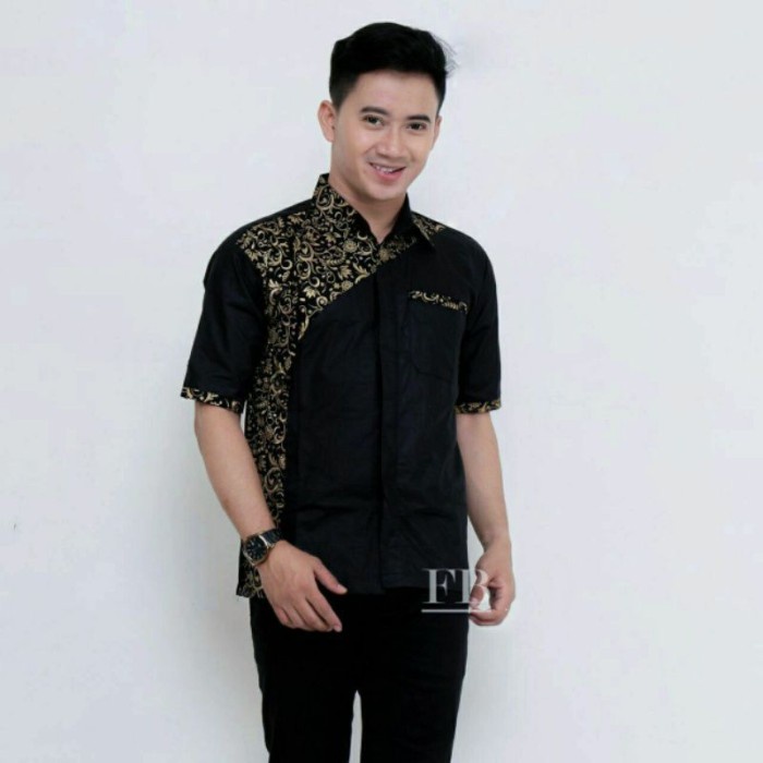 baju koko  TERBARU Baju Hem Kemeja Lengan Pendek Pria Dewasa Kombinasi Batik Hitam M N0L3 Keren Kual