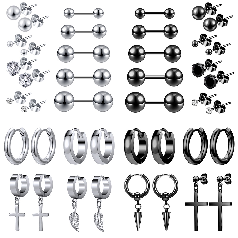 6-16 Pcs Punk Bulu Menjuntai Anting-Anting Stainless Steel Bola Stud Earrings Korea Cross Drop Hoop Earrings Helix Piercings