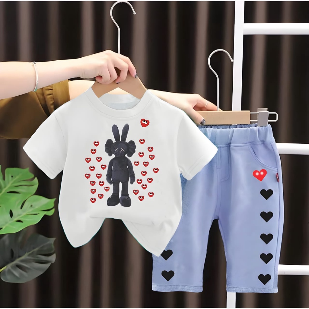 trendy setelan baju celana panjang jeans bayi anak motif love rabbit kelinci usia 6 bulan-5 tahun terbaru best quality terlaris termurah/ setelan baju celana panjang jeans bayi anak perempuan/ fashion setelan baju celana panjang jeans bayi anak cewek