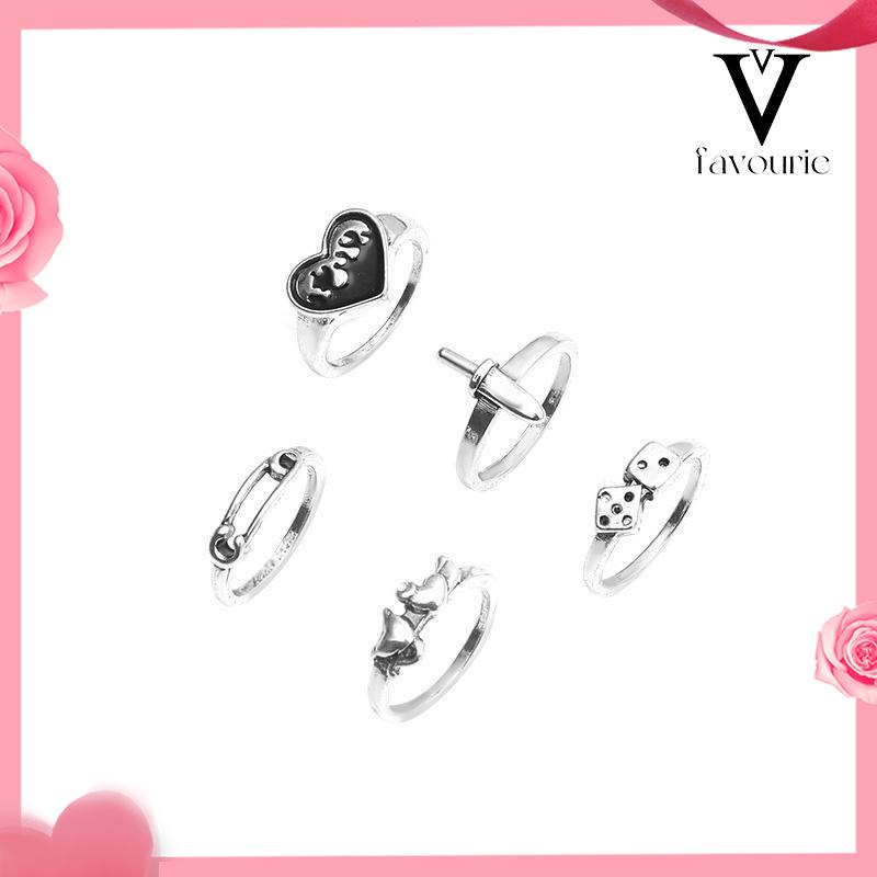 CODDomingo Ring Alloy peniti dadu love pedang retro silver cincin wanita fashion korea 5 set-FA