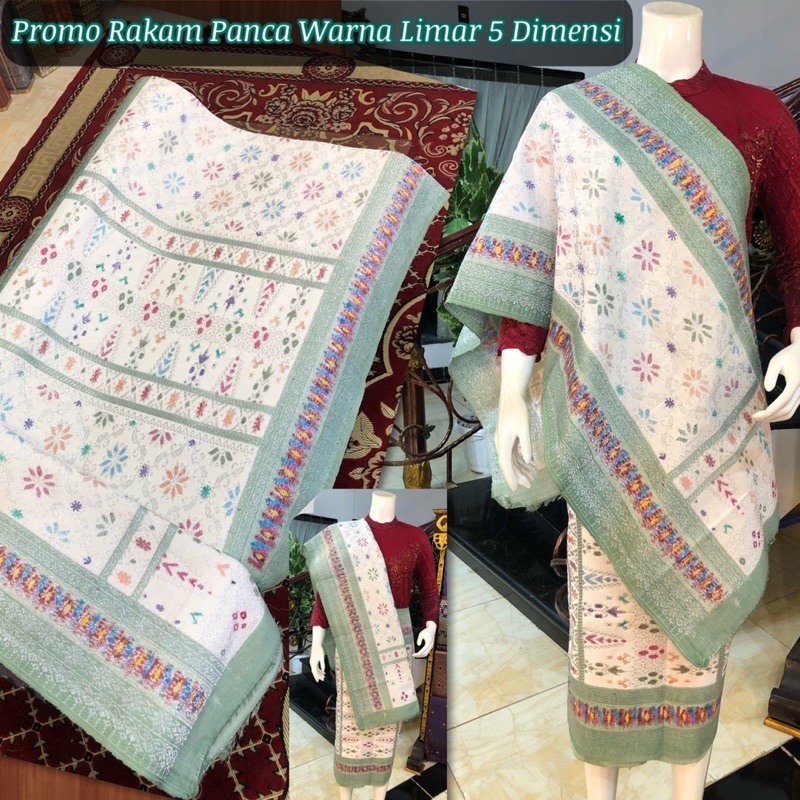 PROMO Songket Panca Warna Limar 5 Dimensi /putih mix Hijau Sage / songket tenun asli palembang /ilha