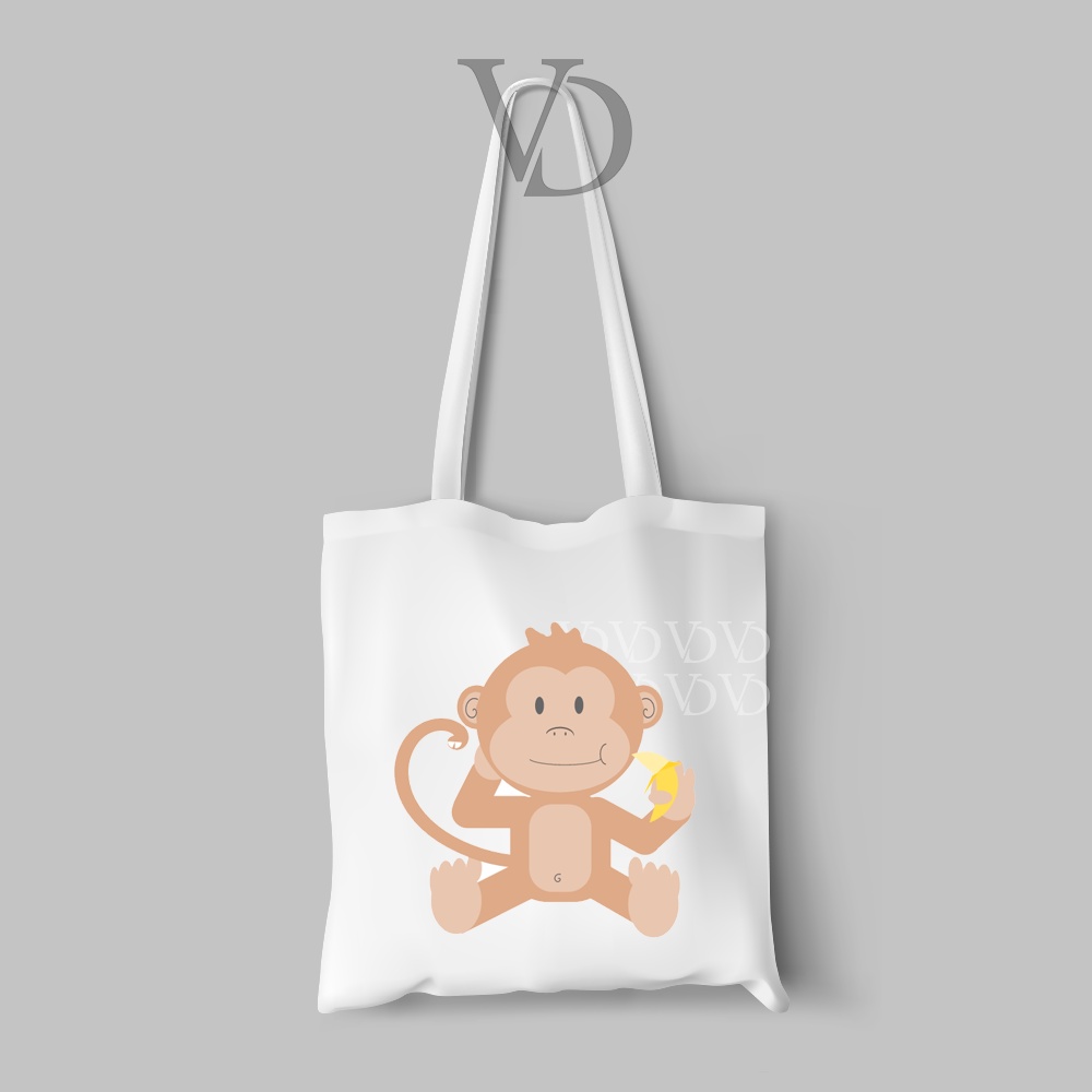 tote bag kanvas cute animal monkey hippo / tas belanja / totebag