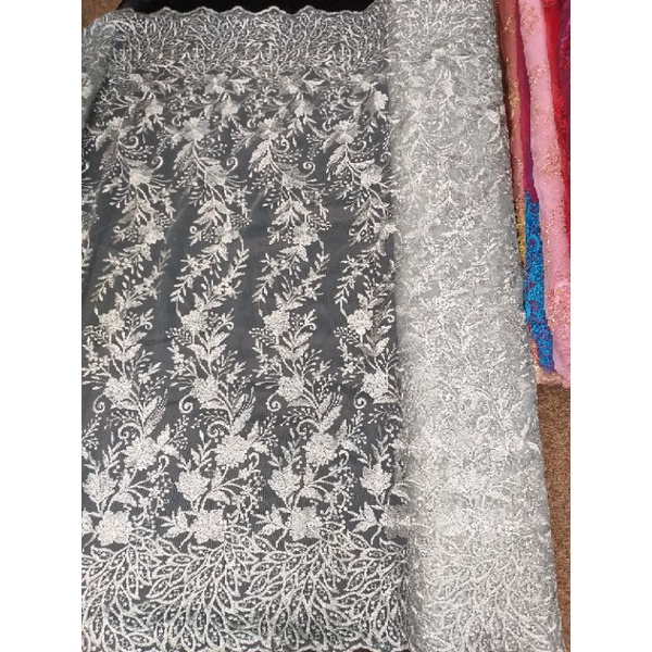 Kain Tulle Full Bordir motif Motif Lace Daun / Bahan Tille Bordir Motif Merambat Lace Pinggiran Moti