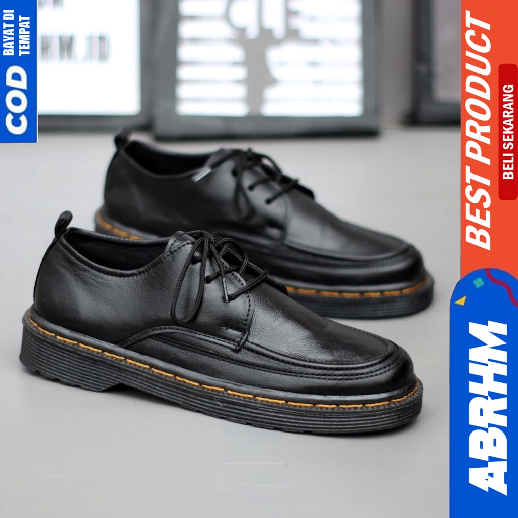 Sepatu Pantofel Formal Pria Kerja Kulit Asli Docmart Low Boots Hitam Abraham Flora