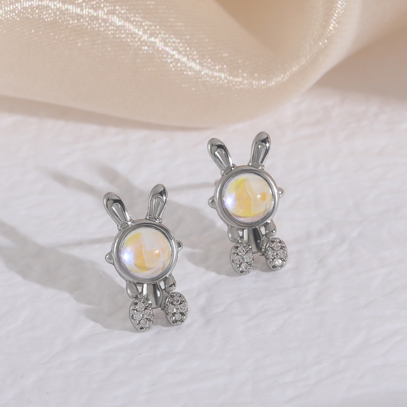 Korea Baru Moonstone Rabbit Earrings Mini Fashion Perak Kelinci Anting Wanita Tahun Baru Perhiasan Lucu