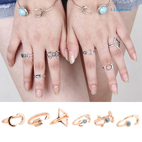 [LS]6Pcs Turquoise Arrow Moon Triangle Above Knuckle Ring Cincin Tumpuk Ujung Jari Tengah