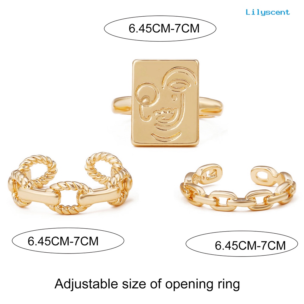 [LS]3Pcs Wanita Cincin Adjustable Wajah Tersenyum Memutar Rantai Terbuka Jari Cincin Perhiasan Untuk Pakaian Sehari-Hari