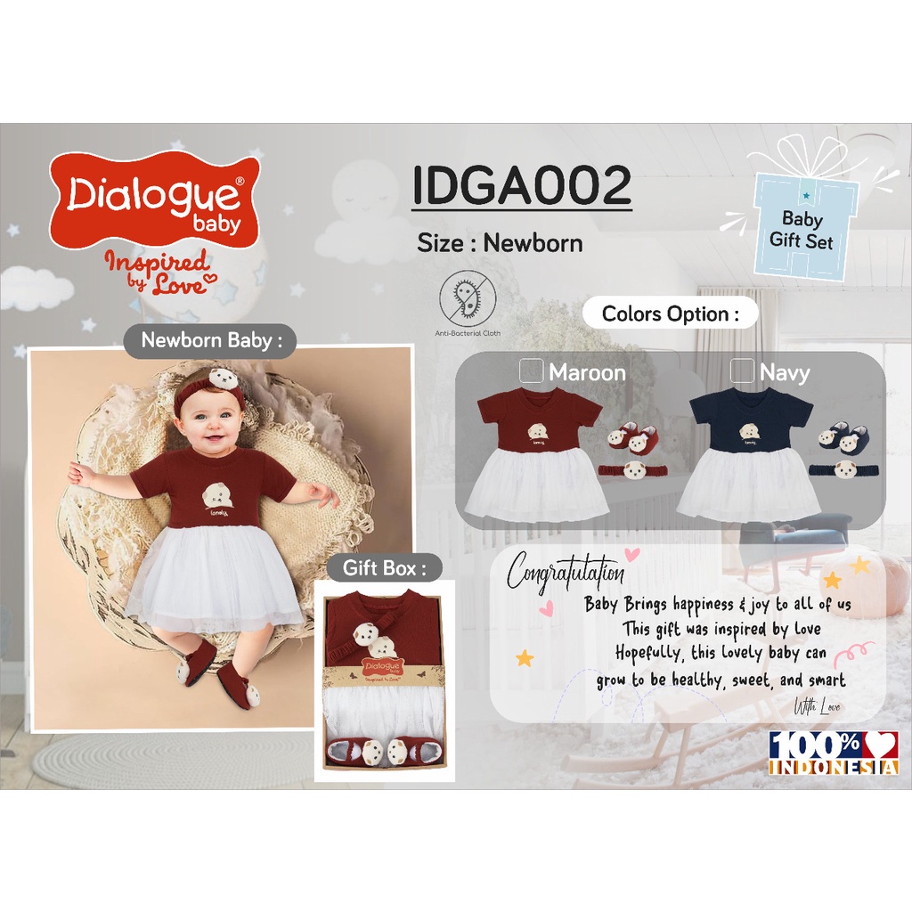 Dialogue baby Baby giftset Dress baby newborn IDGA002 Baju terusan anak perempuan Dress tile baby Dr