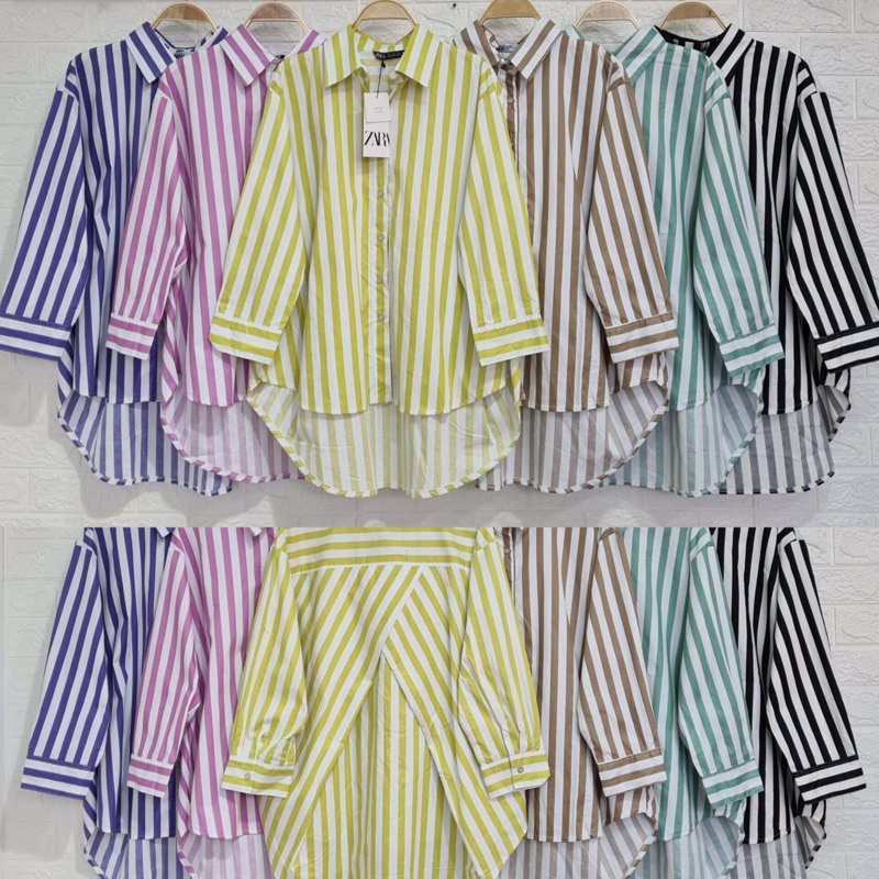 Kemeja Oversize Salur | Kemeja Wanita Kancing Aktif LD 120 Kemeja Motif Garis Viral Katun Jepang