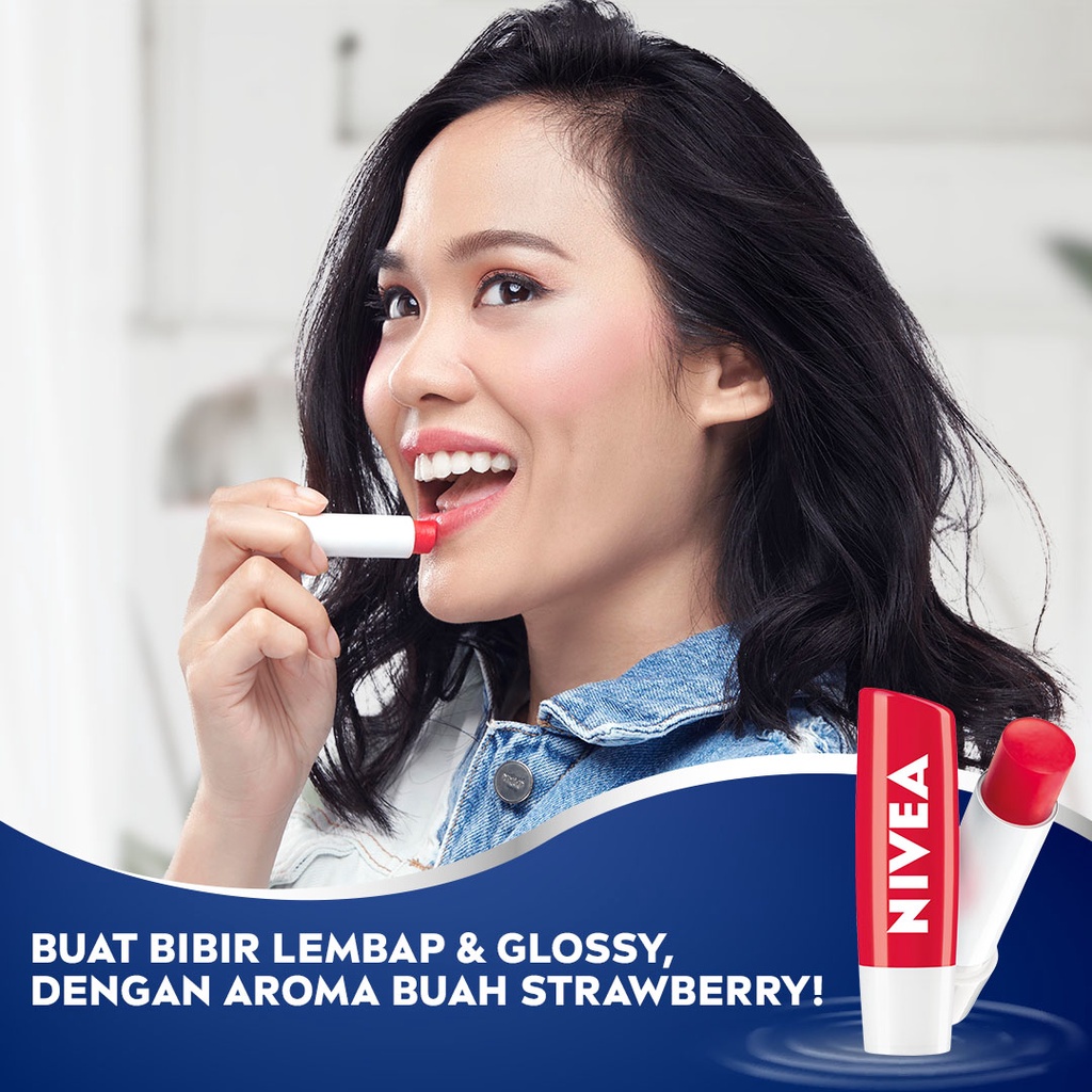 NIVEA LIP CARE STRAWBERRY SHINE [ 4.8 G ] LIP BALM BEAUTY STICK STRAW FRUITY PELEMBAB BIBIR PENCERAH BIBIR GLOSSY KANDUNGAN JOJOBA DAN AVOCADO BERKILAU PRAKTIS &amp; HIGIENIS