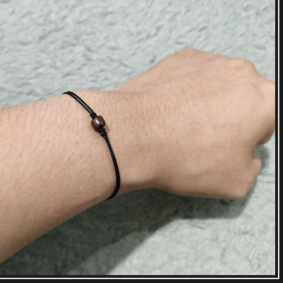 ⌆ Gelang tangan kayu koka vintage dengan tali warna hitam item polos untuk unisex pria wanita cowok 