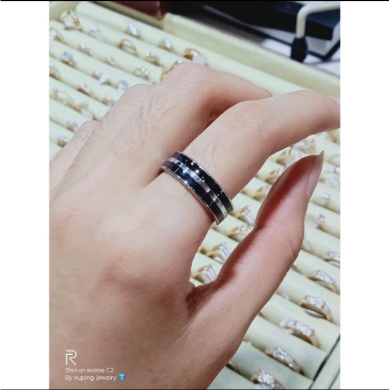 Cincin titanium two black keramik pria wanita