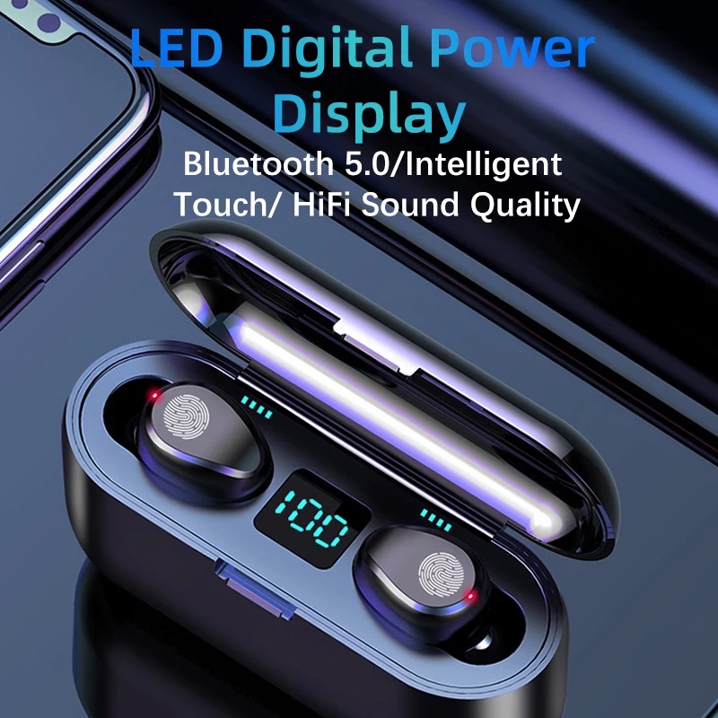 TWS Earphone Bluetooth Wireless Earbuds Digital Click Button LED Display Waterproof Stereo 9D TWS F9