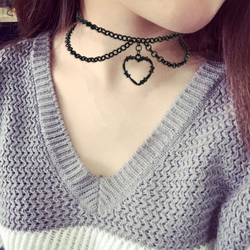 Siy Hip Hop Duri Jantung Liontin Anting Kalung Hitam Kawat Duri Choker Necklace
