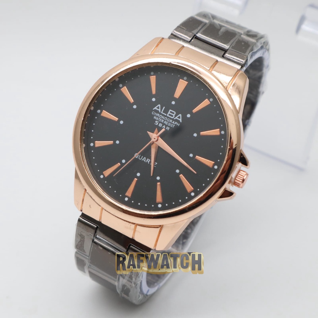 Jam Tangan Pasangan Pria Wanita Analog Casual Rantai Stainless Hitam Rose RPA6