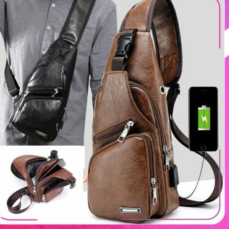 GC ✧YUKSHOPING✧p039 Tas Selempang / Slempang Pria Sling Bag Kulit USB Port Slingbag Dada Shoulder CO