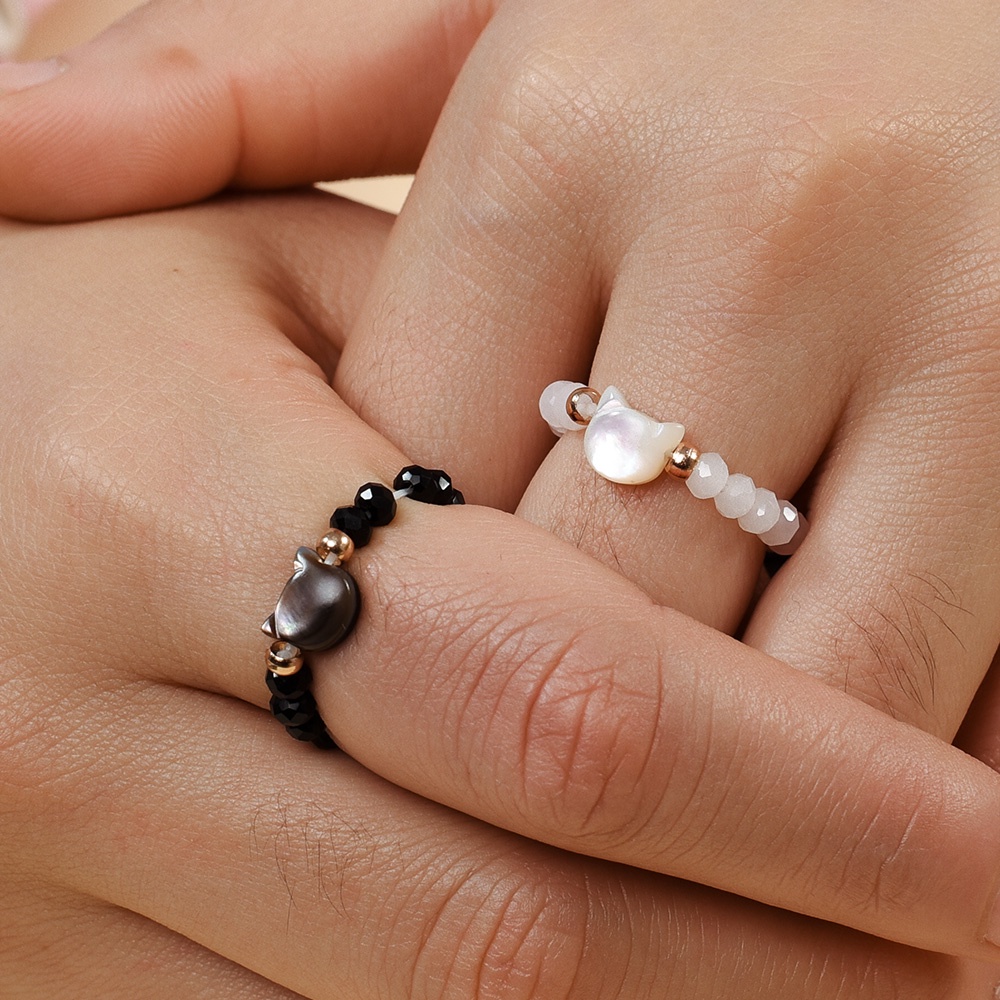 Cincin Jari Kristal Imitasi Kristal Sederhana Wanita Ladies Pria Adjustable Terbuka Hitam Putih Mutiara Kucing Rings Fashion Perhiasan Pasangan Rings Hadiah Yang Indah Elegan