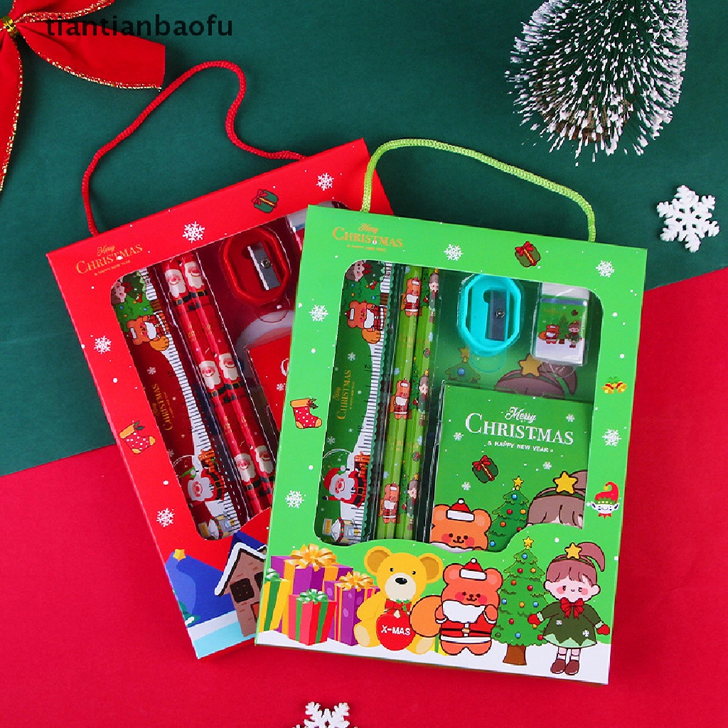 6pcs / Set Pensil + Penghapus + Penggaris + Serutan + Rautan + Rautan Motif Natal Untuk Stationery Anak / Sekolah / Kantor