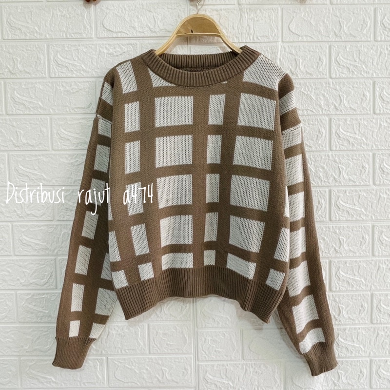 IMAS TOP KNIT IMPORT SWEATER RAJUT KOTAK KOTAK LENGAN PANJANG WANITA