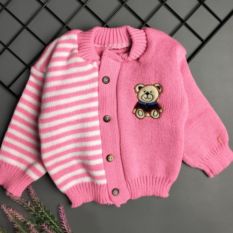 jacket mantel sweater rajut bayi 0-12 bulan bear garis