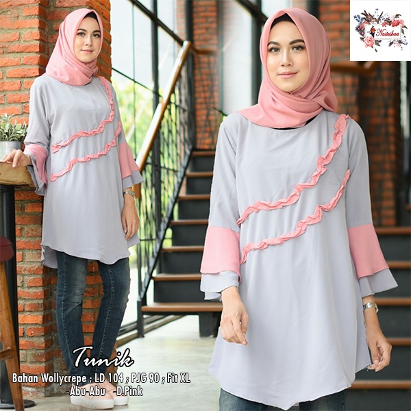 Tunik Wollycrepe Polos / Tunik Wanita Lengan Lonceng Tumpuk / Pakaian Atasan Wanita Lengan Panjang Variasi Rampel Bagian Depan