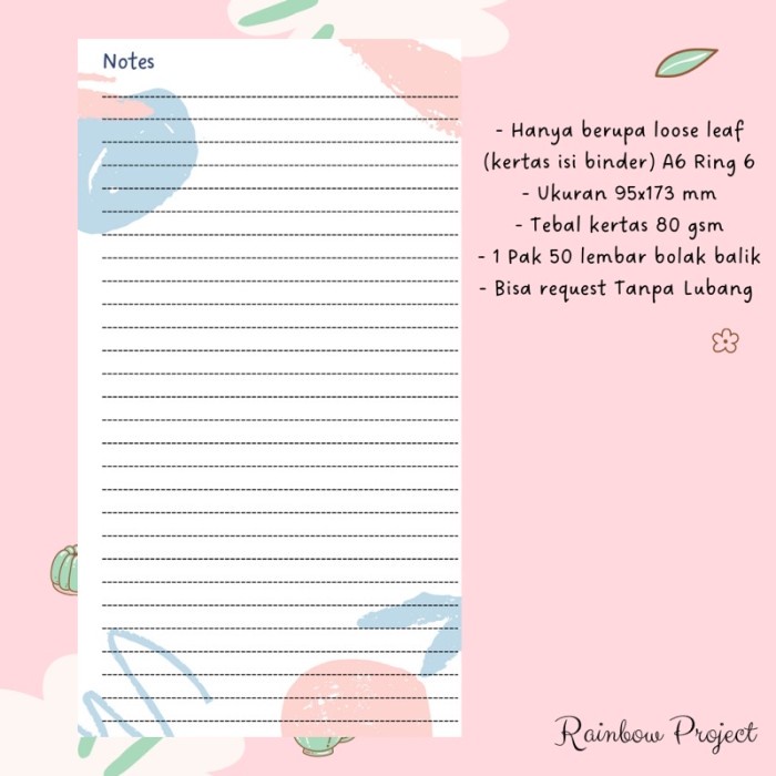 

LOOSE LEAF A6 RING 6 KERTAS REFILL ISI BINDER AGENDA BUKU CATATAN