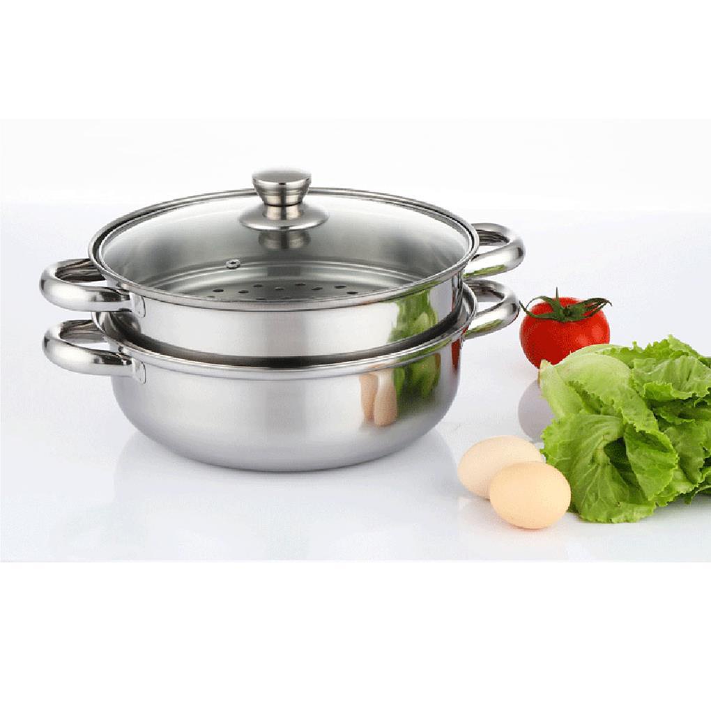 Panci Steamer Double Layer 28cm Dengan Pegangan Insulasi Panas Tutup Kaca Stainless Steel Stockpot Soup Boiler Untuk Rumah