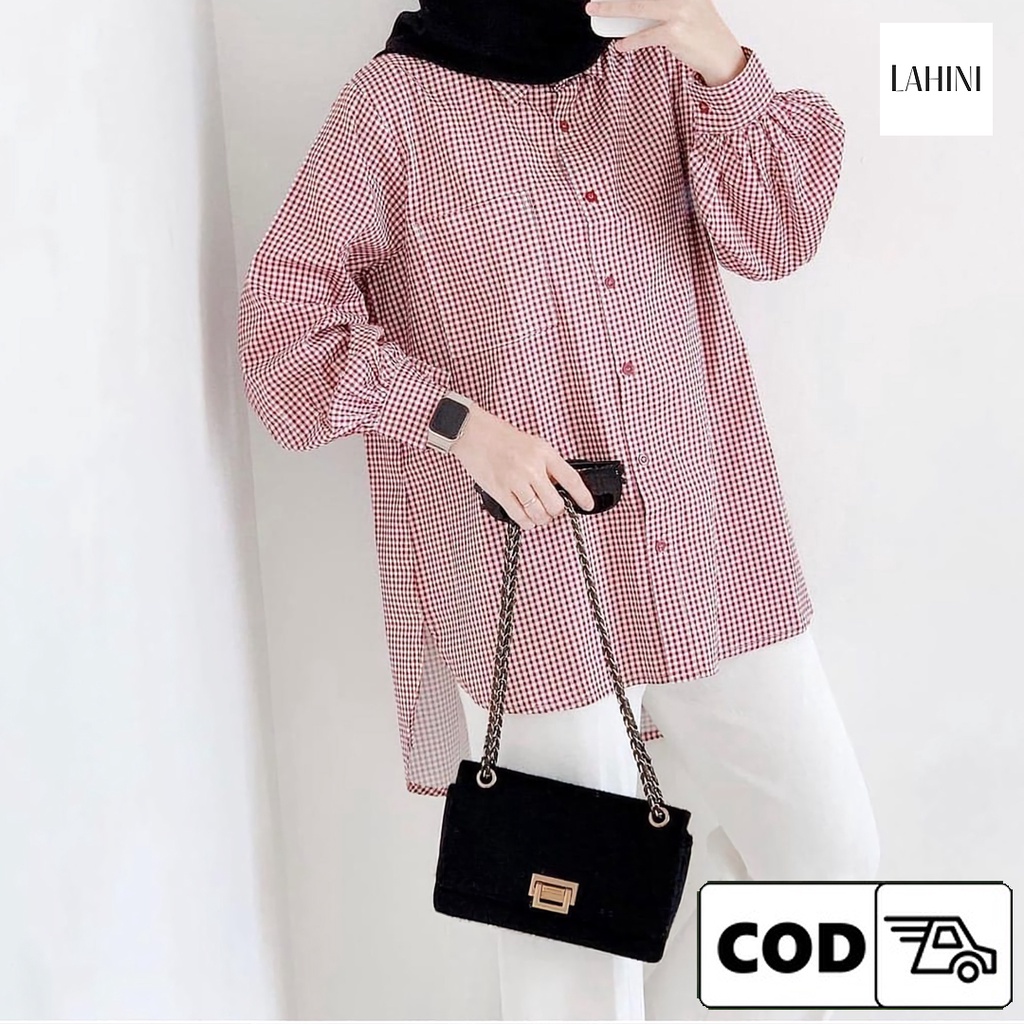 Blouse Korean Style Kemeja Kotak Kotak Wanita Lengan Balon Kekinian Remaja Dewasa Kancing Depan Warn