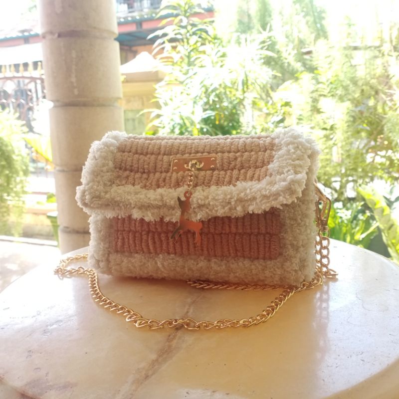 TAS SELEMPANG WANITA BULU LUCU HANDMADE PLASTIK KANVAS BAG